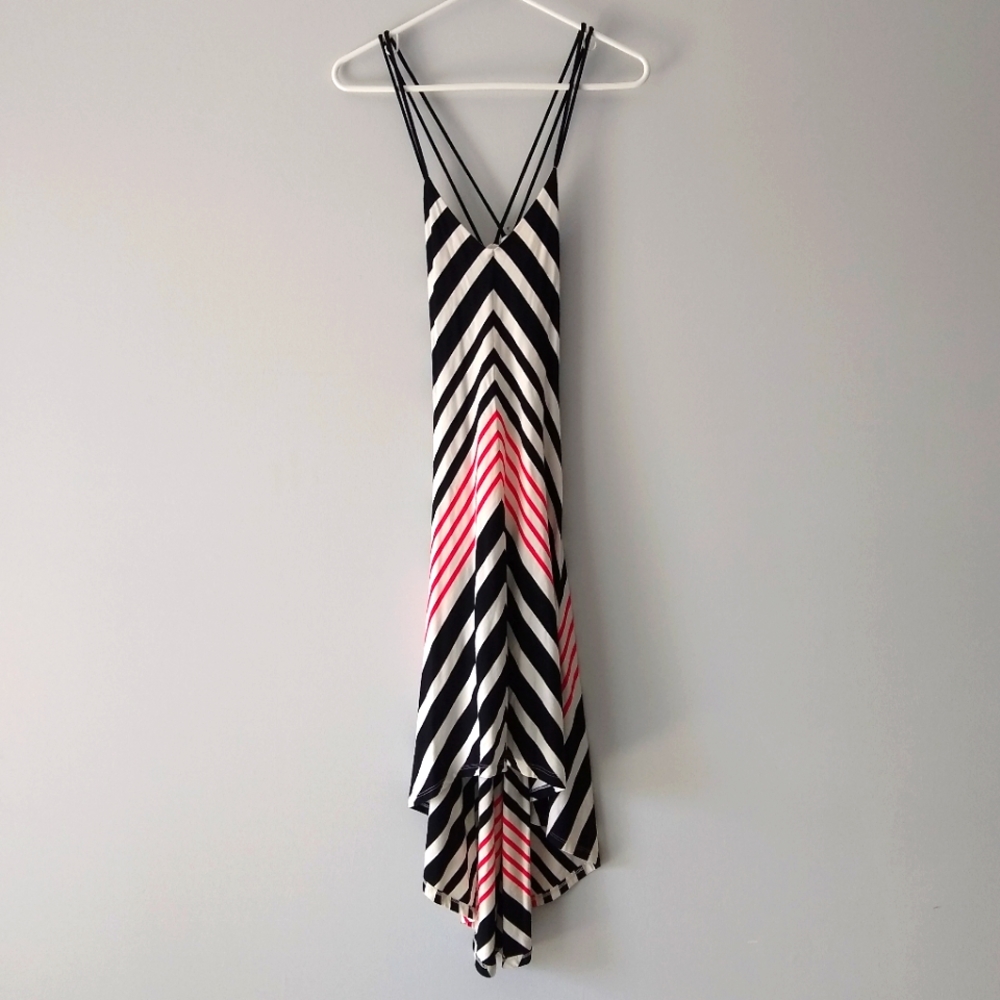 BEBE Maxi Sundress Spaghetti Strap Low-Cut Striped Black White Red Extra Small